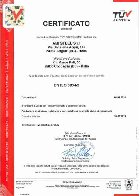 carpenteria costruzioni meccaniche abi steel con certificazione della saldatura